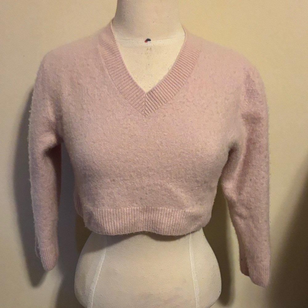 HALARA Light Pink Crop 100% Cashmere V-Neck Sweater Size Large